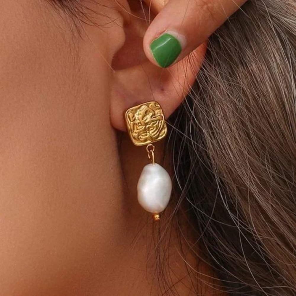 Gold Square Stud Fresh Water Pearl Drop Earrings, NICE EARRINGS, CUTE EARRINGS
